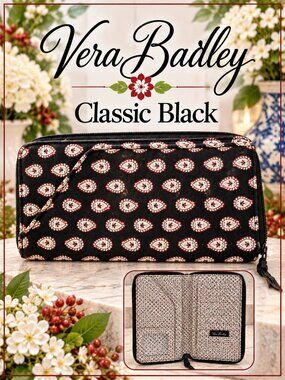 Vera Bradley Classic Black Zip-Around Accordion Larger Travel Organizer Wallet